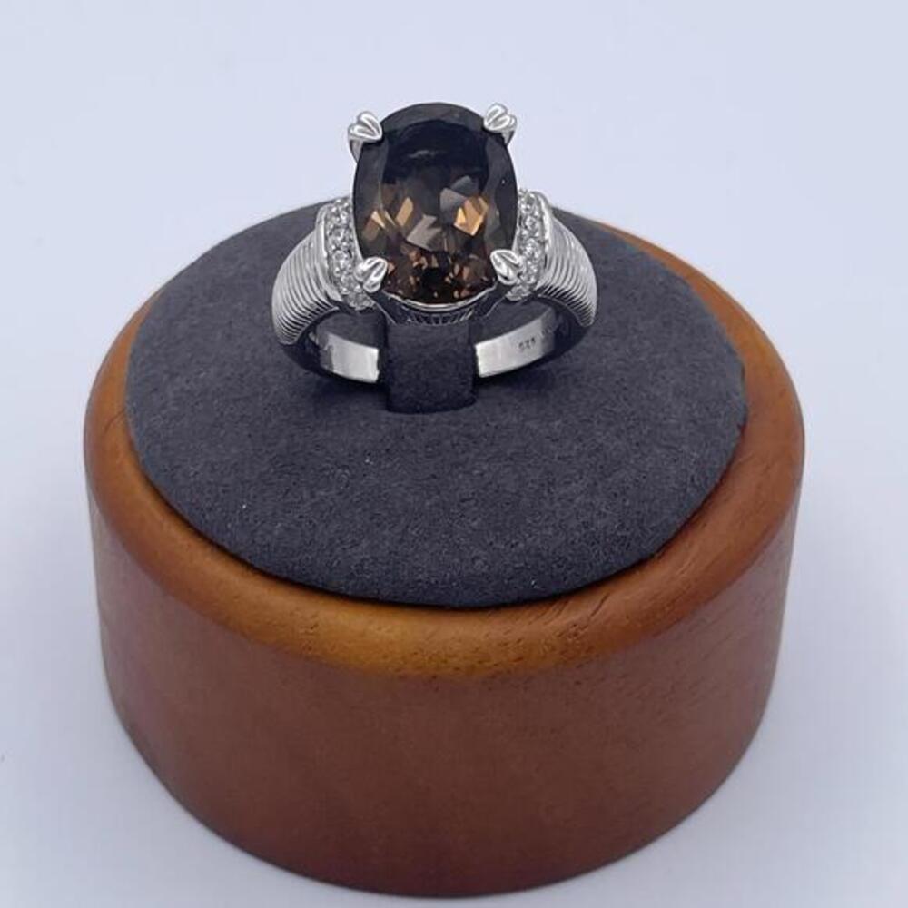 Judith Ripka Smoky Quartz Sterling Silver Ring with CZ Accents Size 7